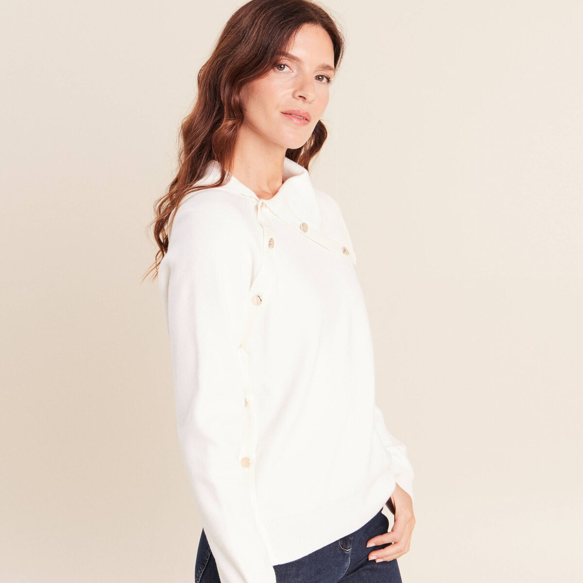 Pull droit col montant manches longues ecru femme