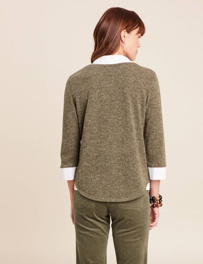 T-shirt col chemise manches 3/4 vert kaki femme