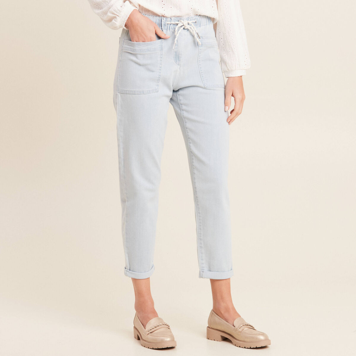 Jean large à coulisse denim bleach femme