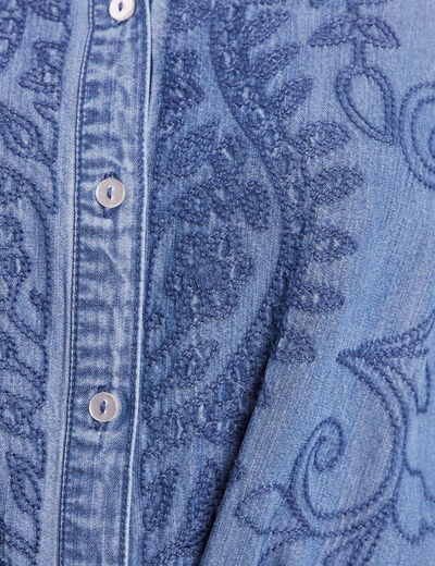 Robe courte &eacute;vas&eacute;e manches 3/4 brod&eacute;e denim double stone femme