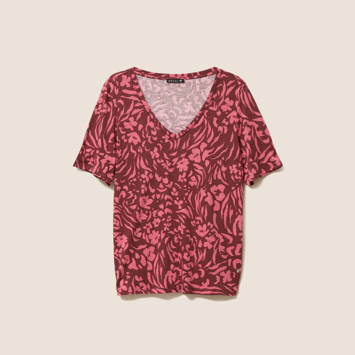 T-shirt col V manches courtes rose femme