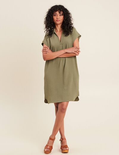 Robe droite col en V vert kaki femme