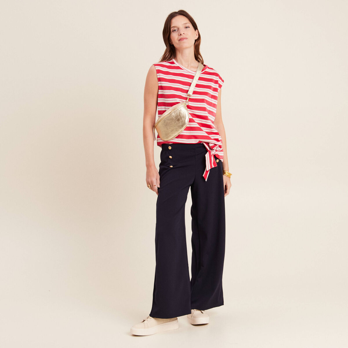 Pantalon coupe large &agrave; pont bleu fonc&eacute; femme