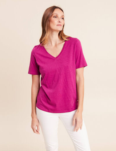 T-shirt col v manches courtes violet femme