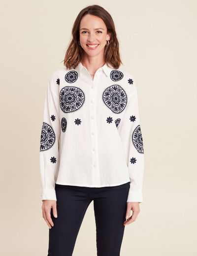 chemise en coton brodée manches longues ecru femme