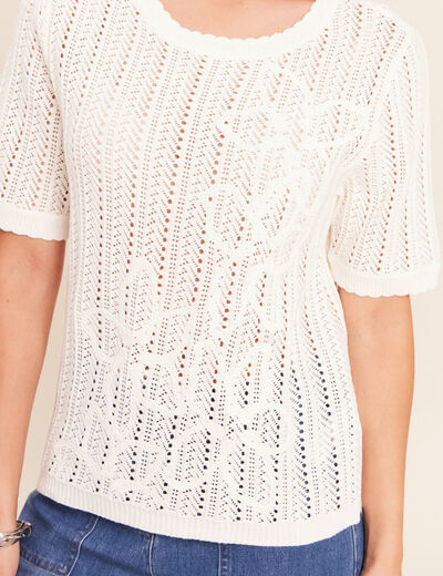 Pull ajour&eacute; col rond ecru femme