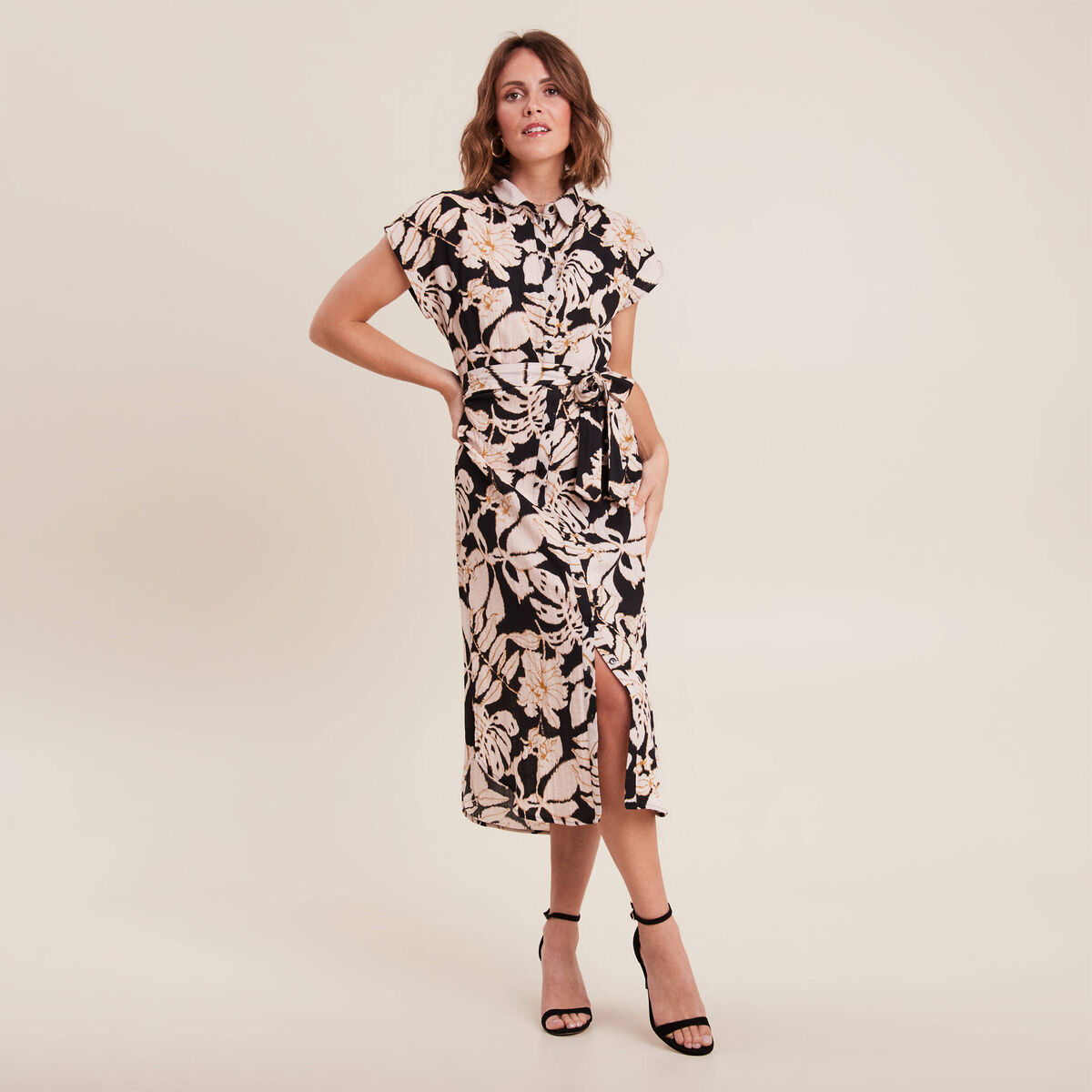Robe midi droite ceinturée noir femme