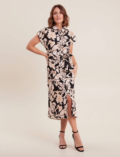 Robe midi droite ceinturée noir femme