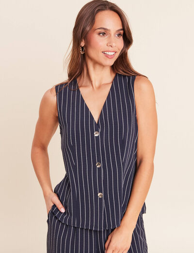 Gilet droit court sans manches col V bleu fonc&eacute; femme