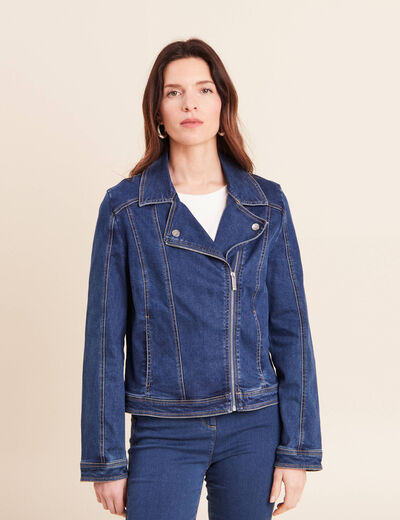 Veste ajust&eacute;e en jean col biker denim stone femme
