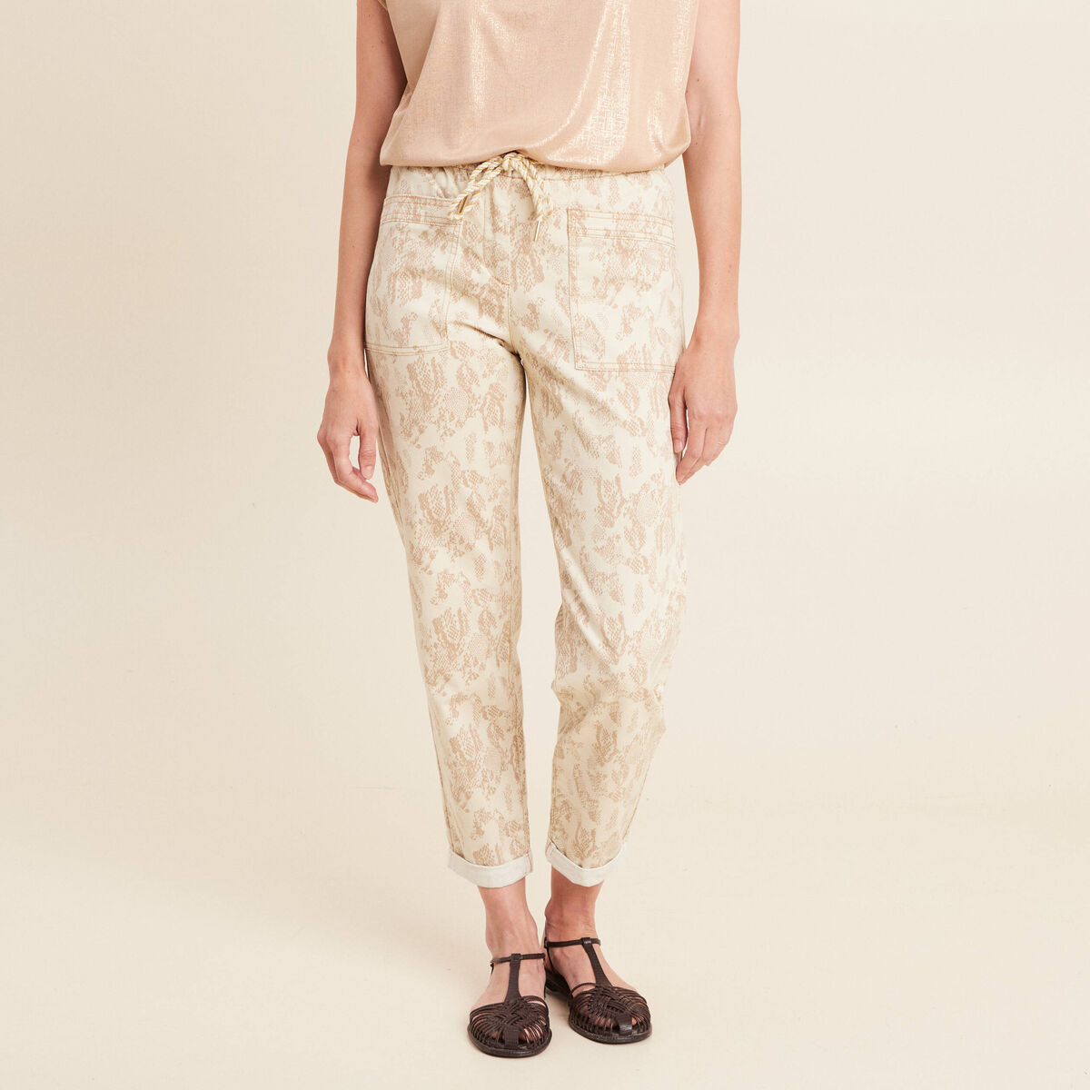 Pantalon paperbag 7/8ème beige femme