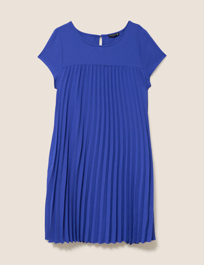 Robe courte &eacute;vas&eacute;e pliss&eacute;e col rond bleu fonc&eacute; femme