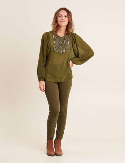 Jean magique L'Unique coupe ajust&eacute;e vert kaki femme