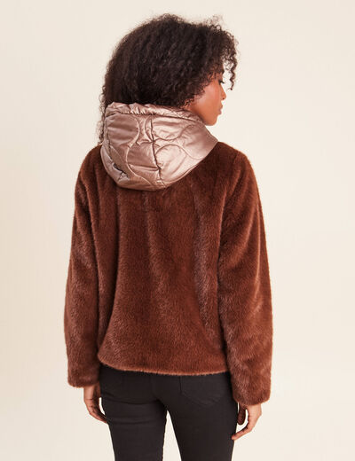 Manteau &agrave; capuche fausse fourrure marron fonc&eacute; femme