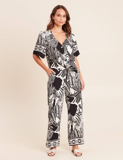 Pantalon large 7/8&egrave;me taille haute noir femme