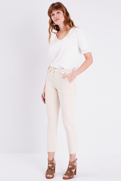Pantalon ajusté avec rabats ivoire femme
