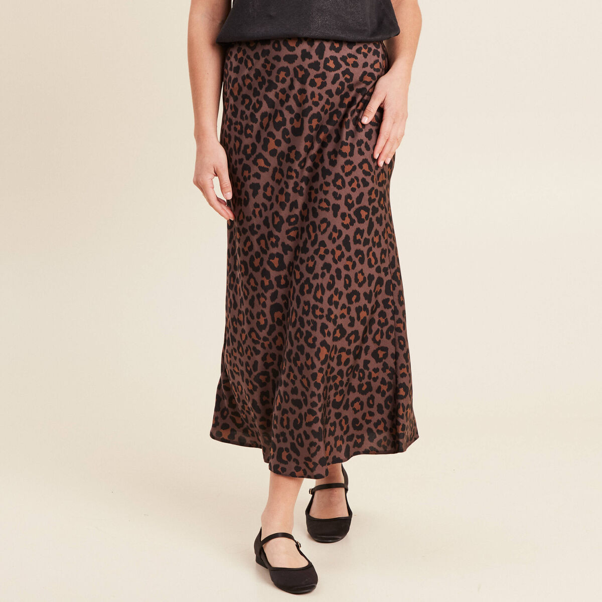 Jupe longue effet satin marron femme