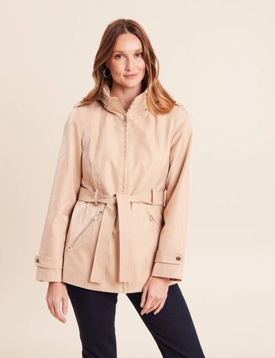 Parka droite ceintur&eacute;e beige femme