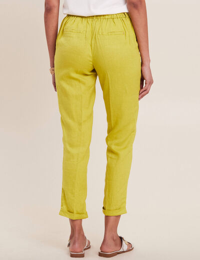 Pantalon coupe chino en lin ceintur&eacute; vert anis femme