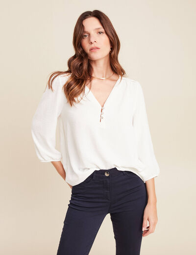 Blouse col v manches 3/4 fluide ecru femme