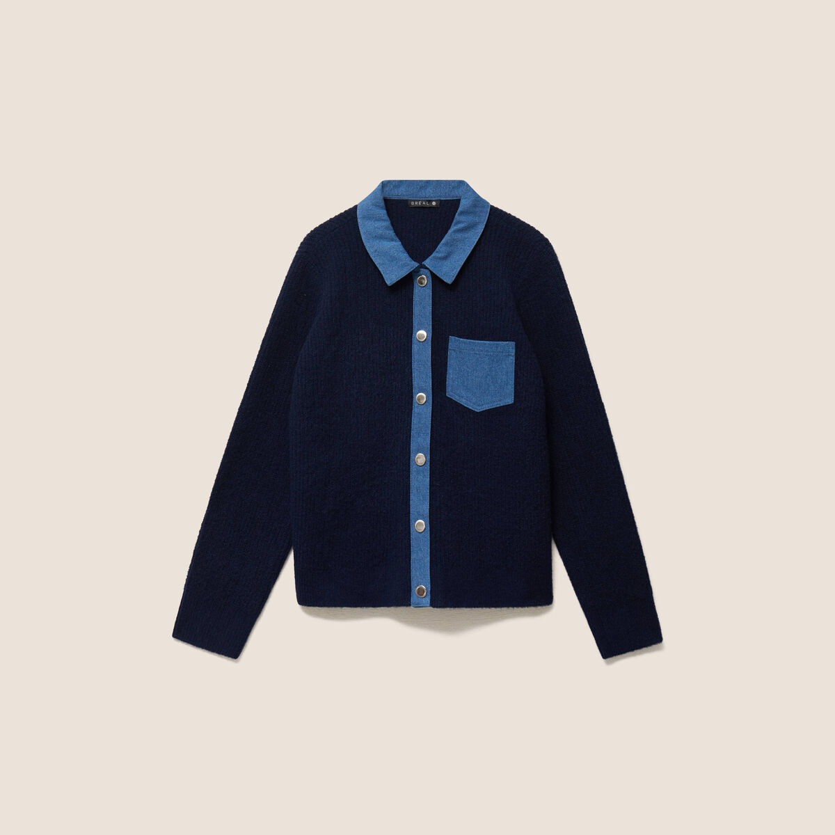 Veste col chemise manches longues bleu fonc&eacute; femme