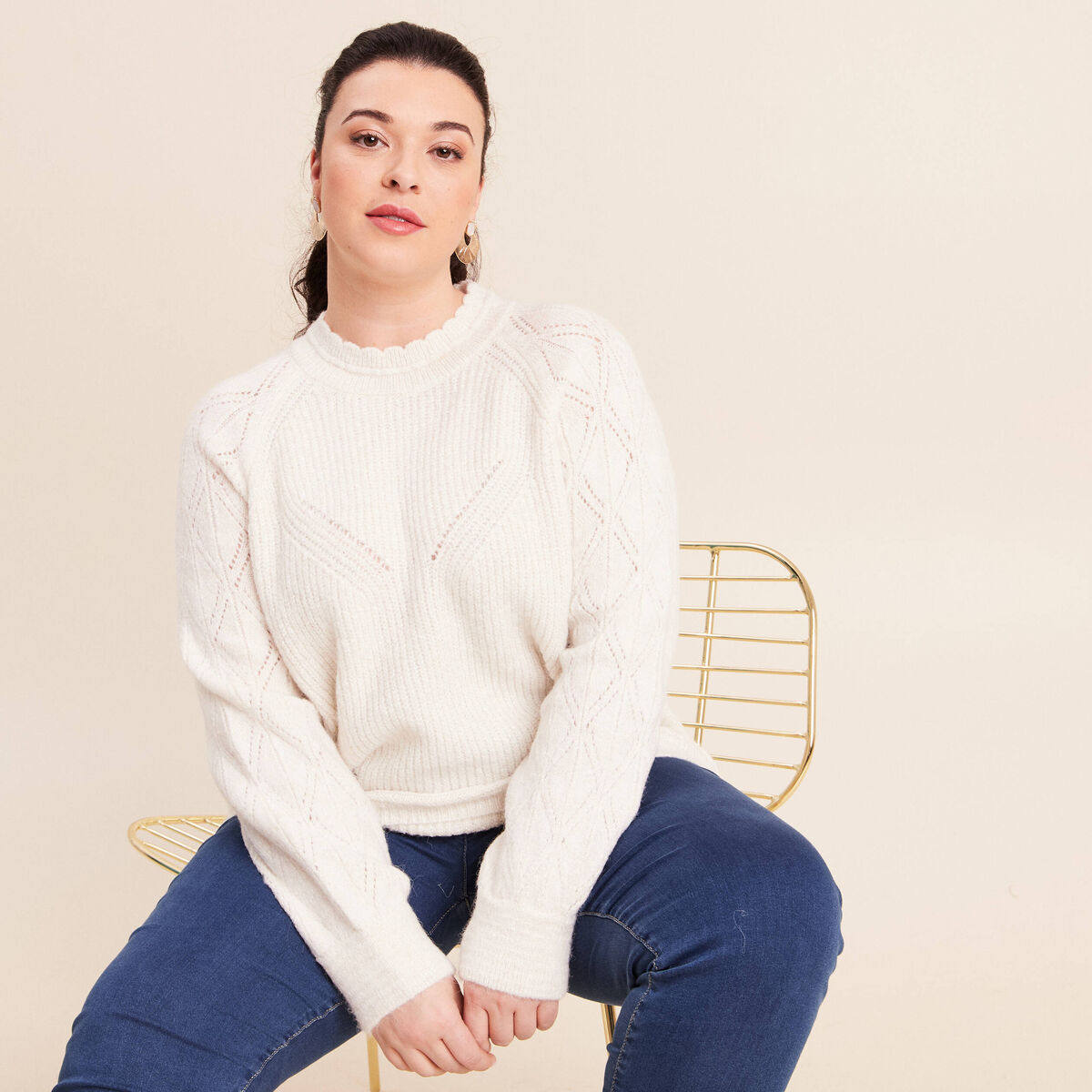Pull col montant manches longues ecru femme