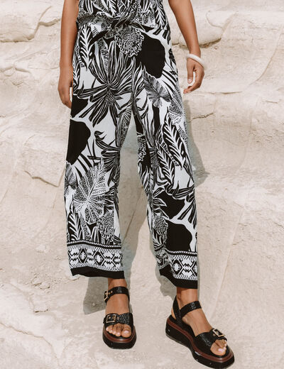 Pantalon large 7/8&egrave;me taille haute noir femme