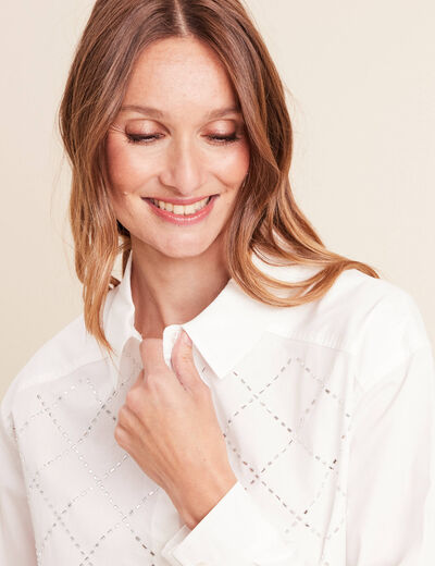 Chemise manches longues en coton strass blanc femme