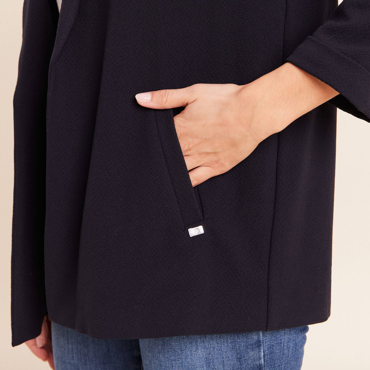 Veste longue droite col tailleur bleu fonc&eacute; femme
