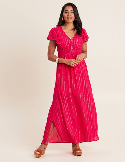 Robe longue droite fluide rose fushia femme