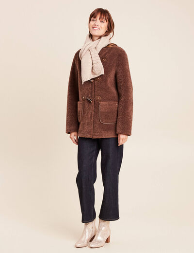 Manteau droit court en bouclette marron fonc&eacute; femme