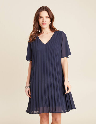 Robe droite plissée bleu marine femme