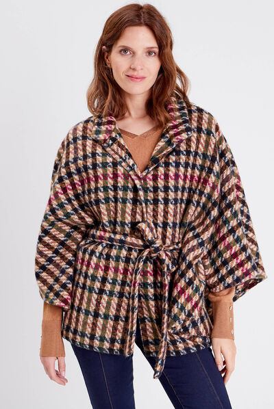 Poncho boutonné ceinturé ecru femme