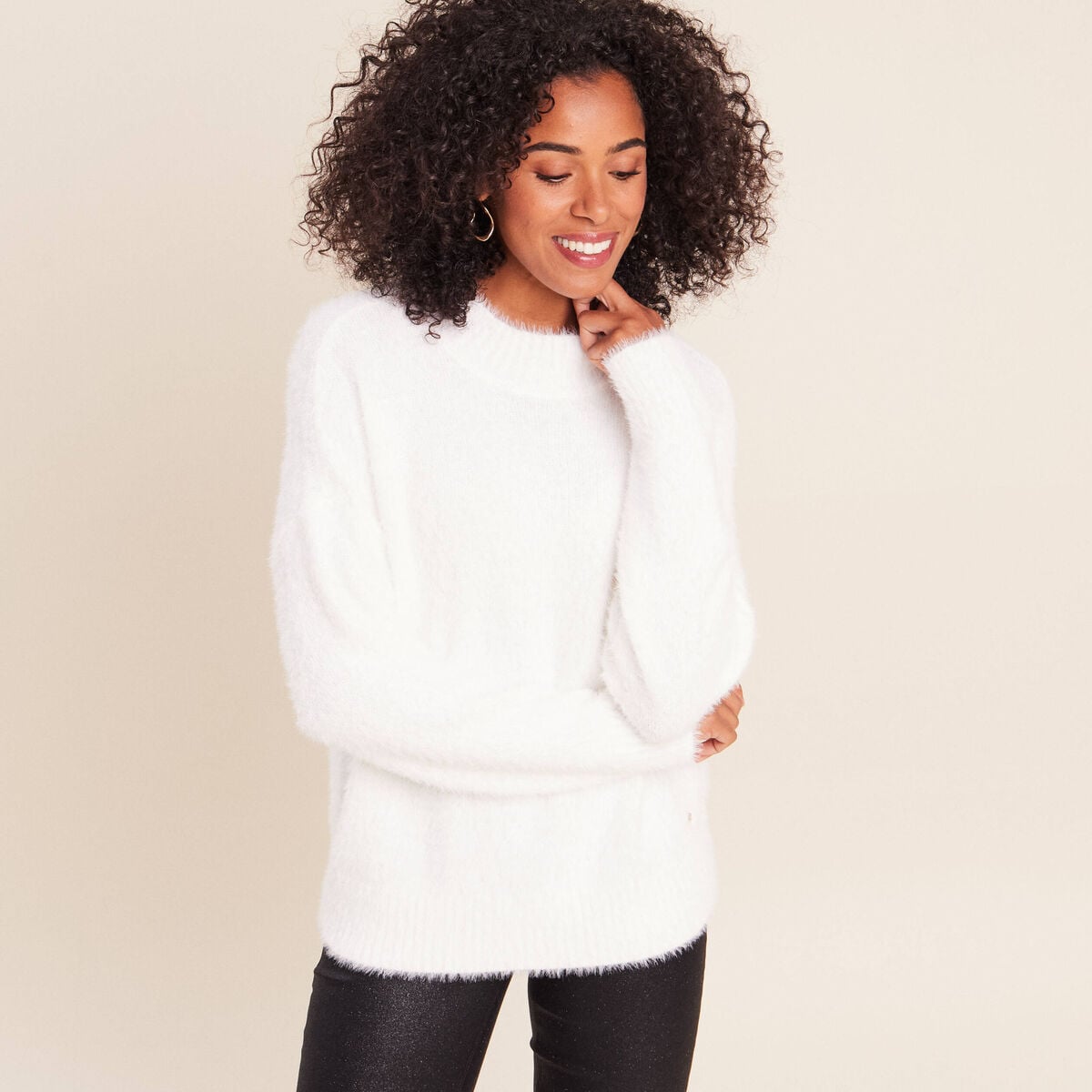 Pull col montant doux ecru femme