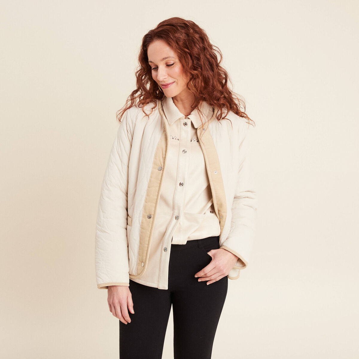 Doudoune boutonnée doublée sable femme