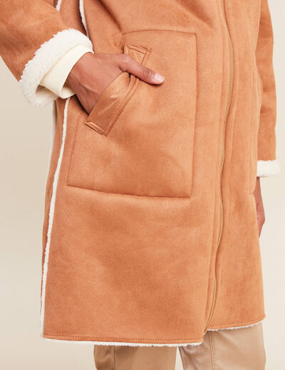 Manteau suédine à capuche marron femme