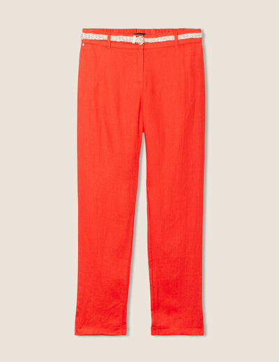 Pantalon coupe chino en lin ceintur&eacute; orange femme