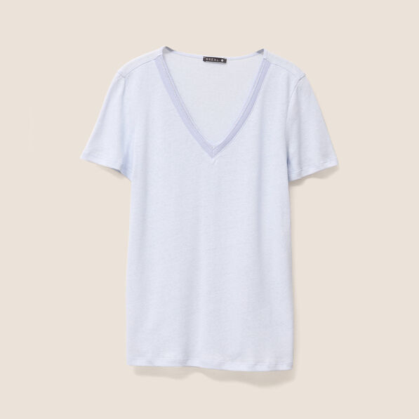 t shirt manches courtes col en v bleu clair femme T-shirt manches courtes col en V bleu clair femme