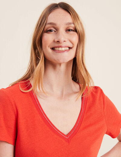 T-shirt manches courtes col en V orange femme