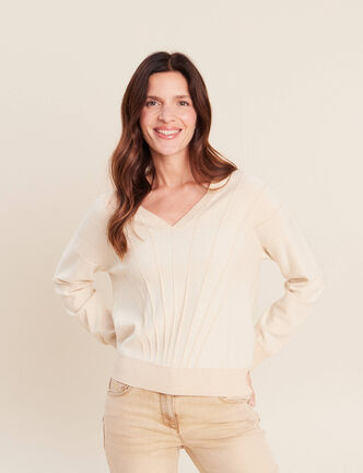 Pull ajust&eacute; col v manches longues couleur or femme