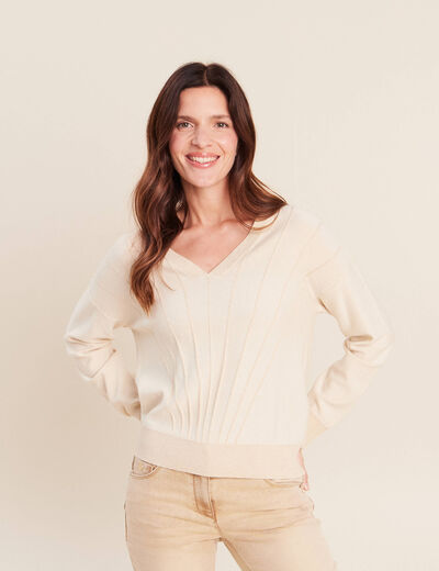 Pull ajust&eacute; col v manches longues couleur or femme