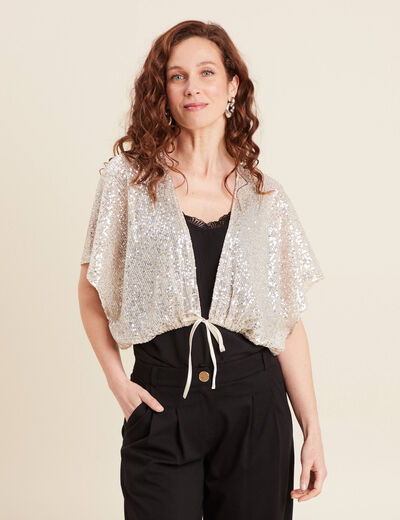 Veste kimono courte sequins couleur or femme
