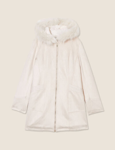 Manteau suédine à capuche creme femme
