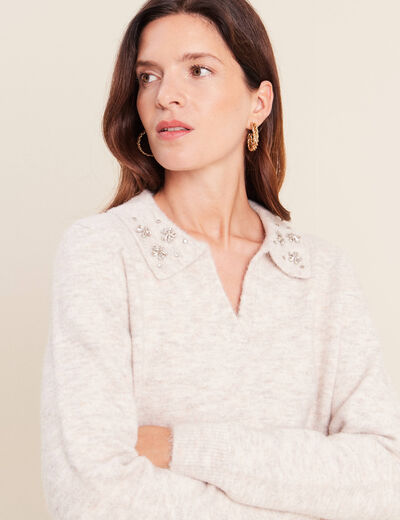 Pull col polo et d&eacute;tails bijout&eacute;s beige femme