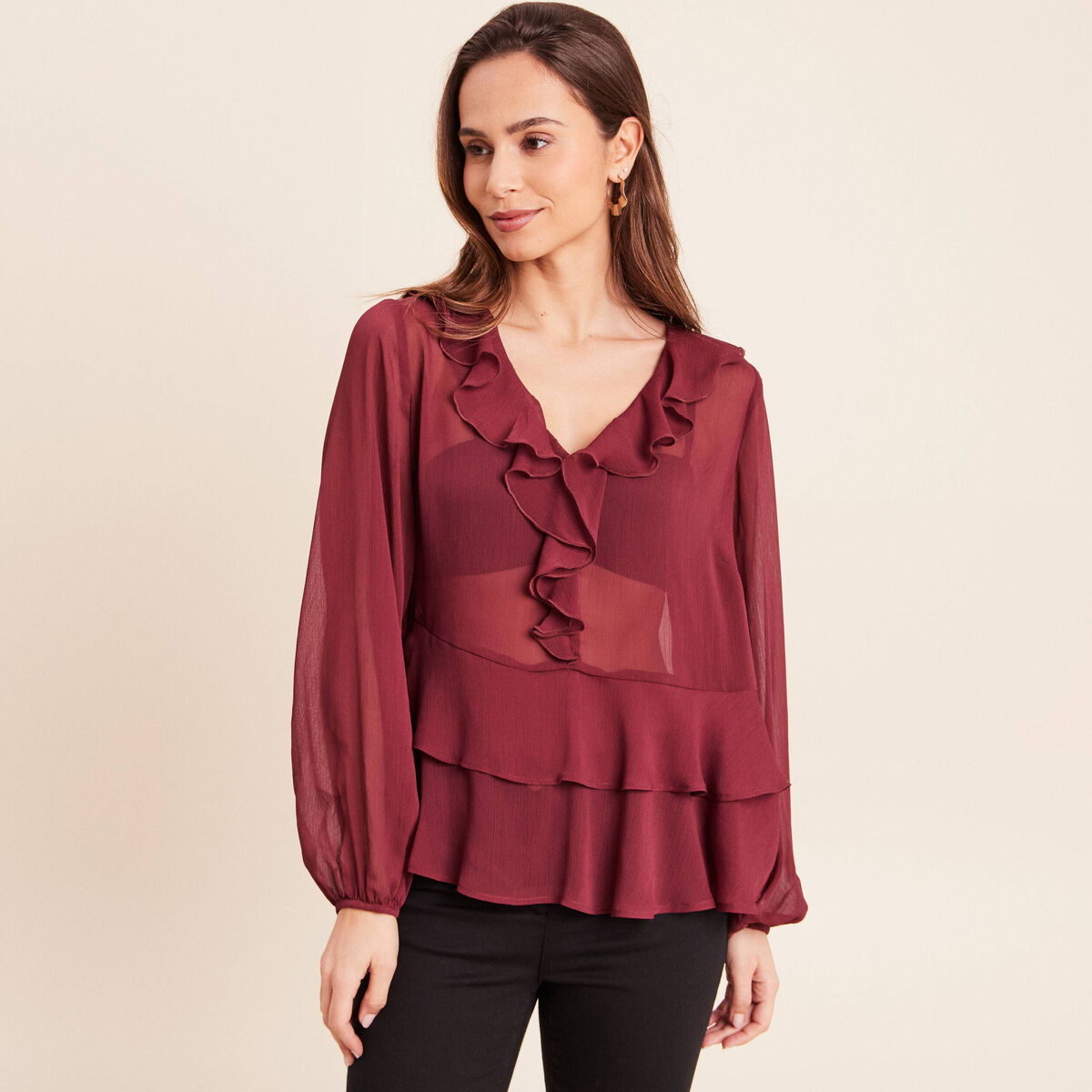 Blouse ample en voile manches longues prune femme