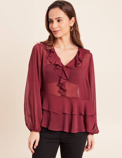 Blouse ample en voile manches longues prune femme