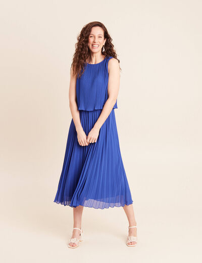 Robe longue &eacute;vas&eacute;e pliss&eacute;e sans manches bleu fonc&eacute; femme