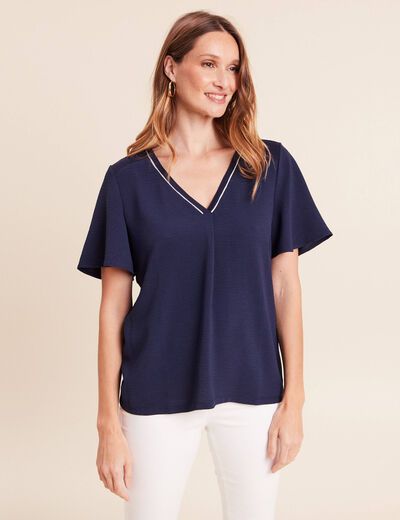 T-shirt bi-mati&egrave;re manches courtes bleu marine femme