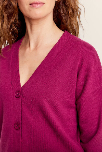Gilet manches longues col en V rose fushia femme