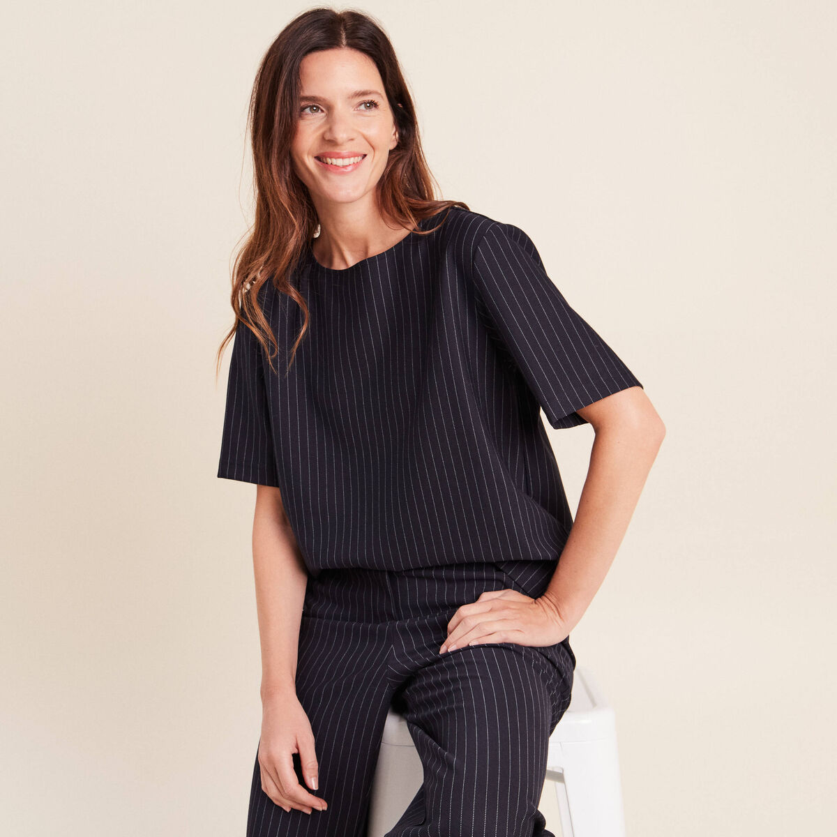T-shirt droit col rond manches courtes bleu femme